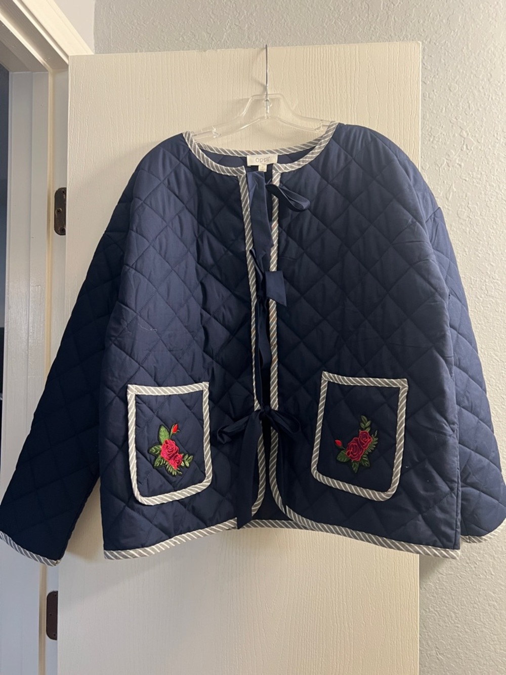 ODDY Navy Quilted Puffer Jacket with Rope Trim and Rose Patch Pockets
